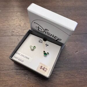 Disney 10KT Gold Cubic Zirconia Mickey Mouse Stud Earrings Emerald Green